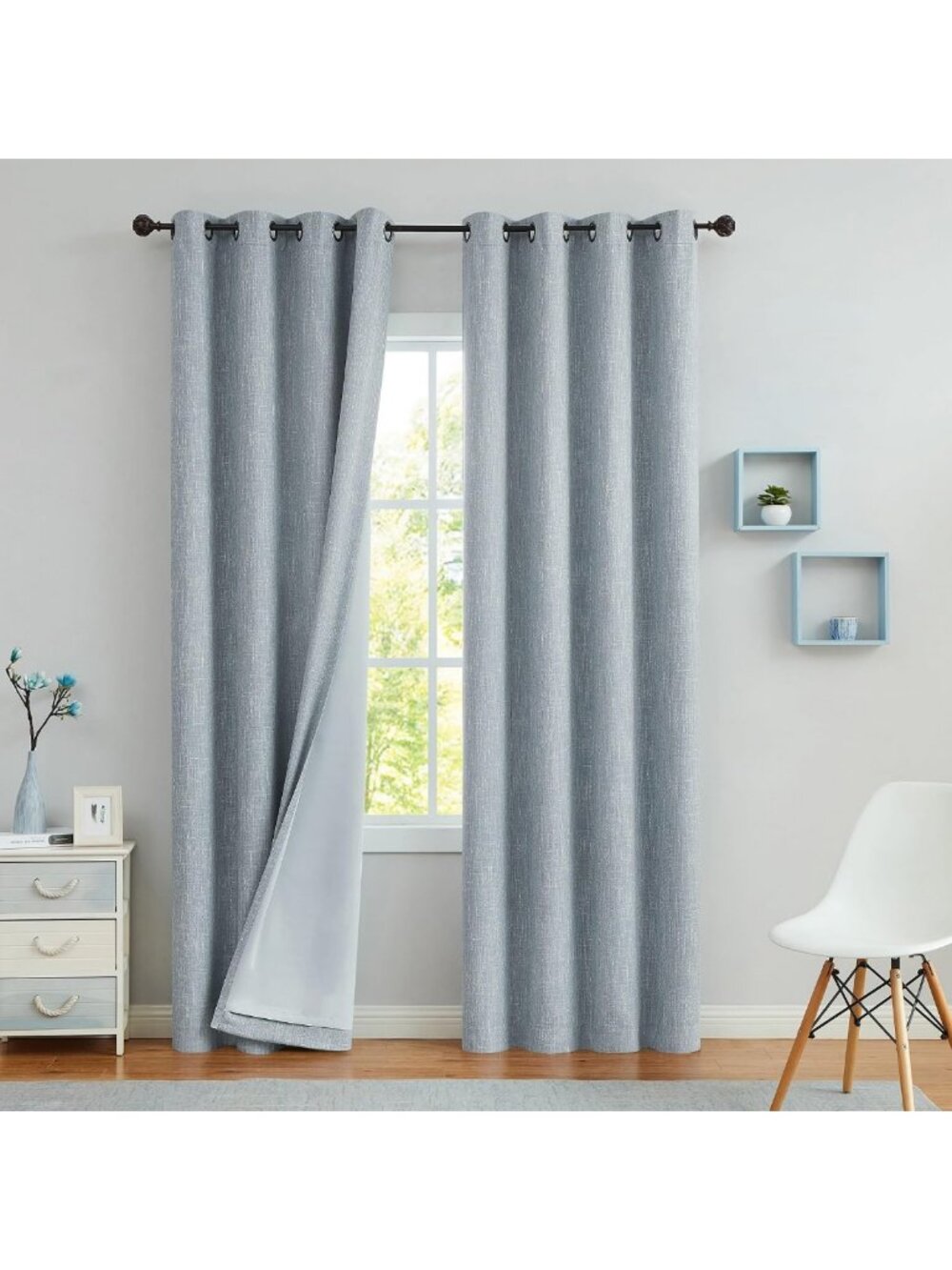 Chambray Blue Blackout Curtains with Liner, 50x90 Inches, Perfect for Bedroom